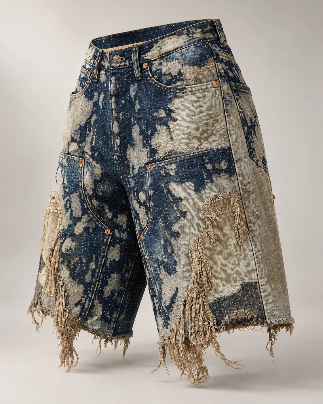 Indigo Bleached Geometric Stitch Shorts — AI design reference 3