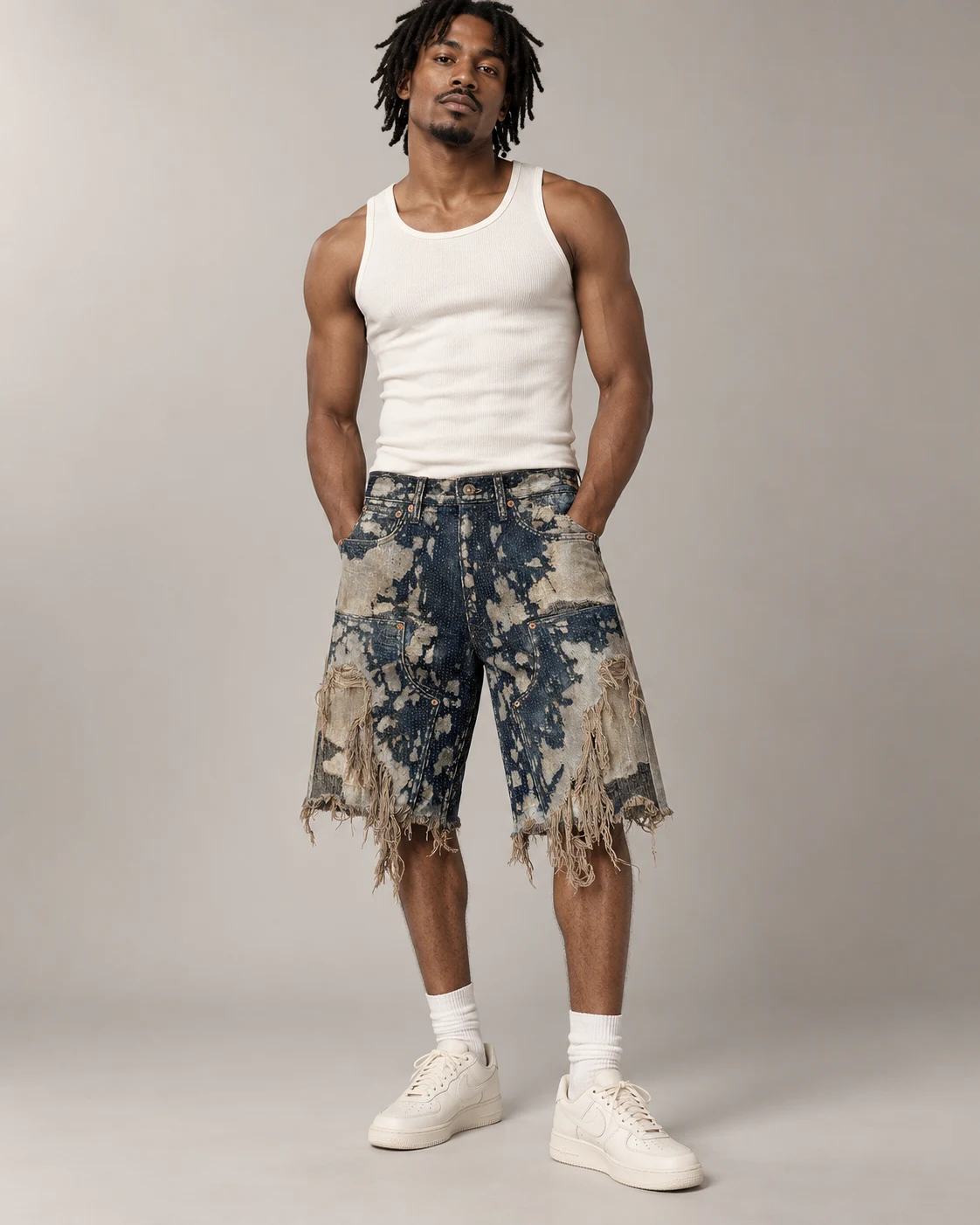 Indigo Bleached Geometric Stitch Shorts — AI design reference 4