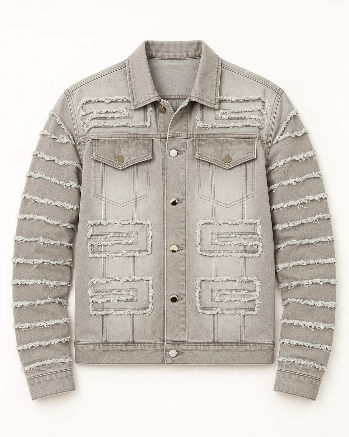 Sand Grey Geometric Frayed Denim Jacket — AI design reference 1