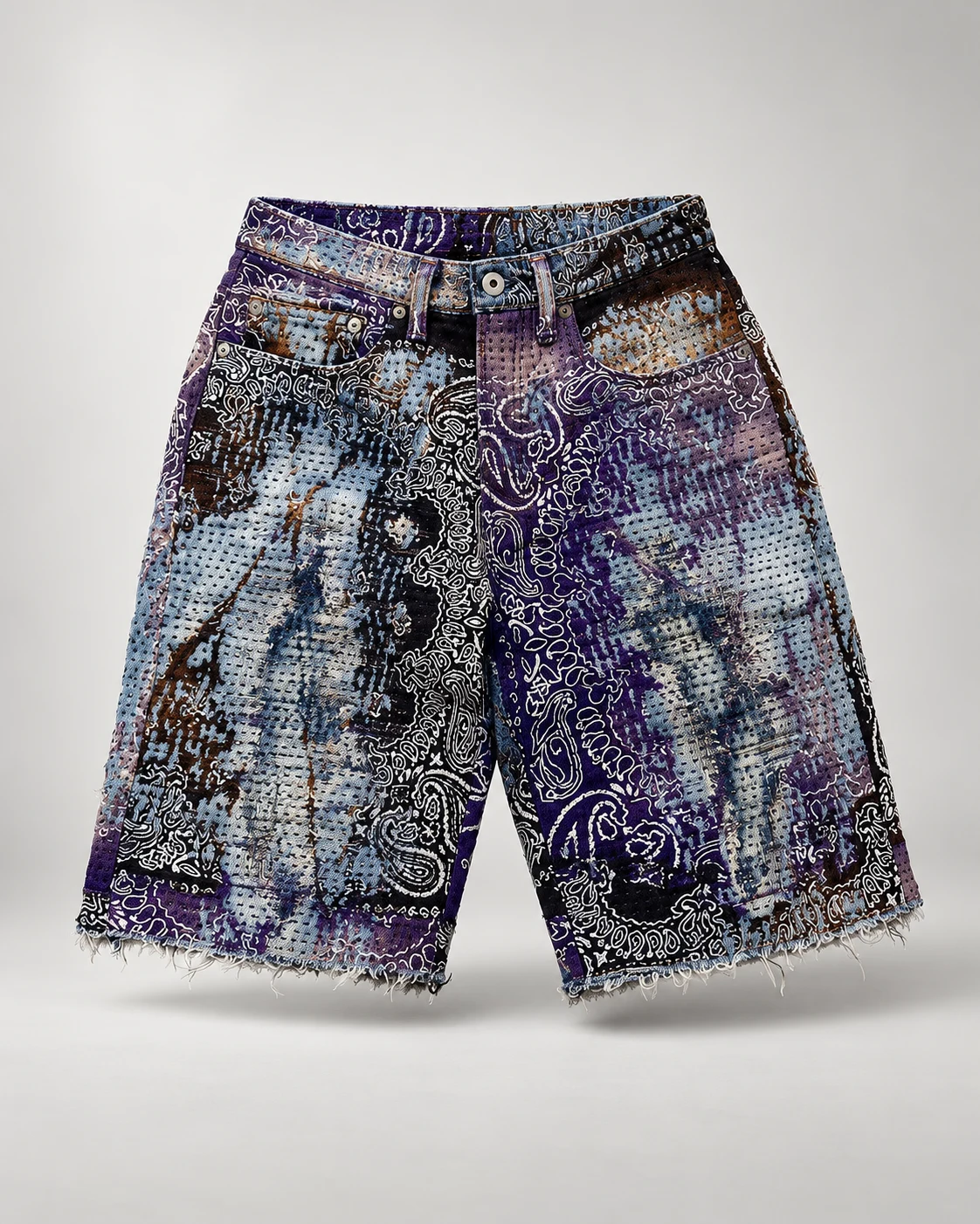 Purple Paisley Stitch Denim Shorts — AI design reference 1