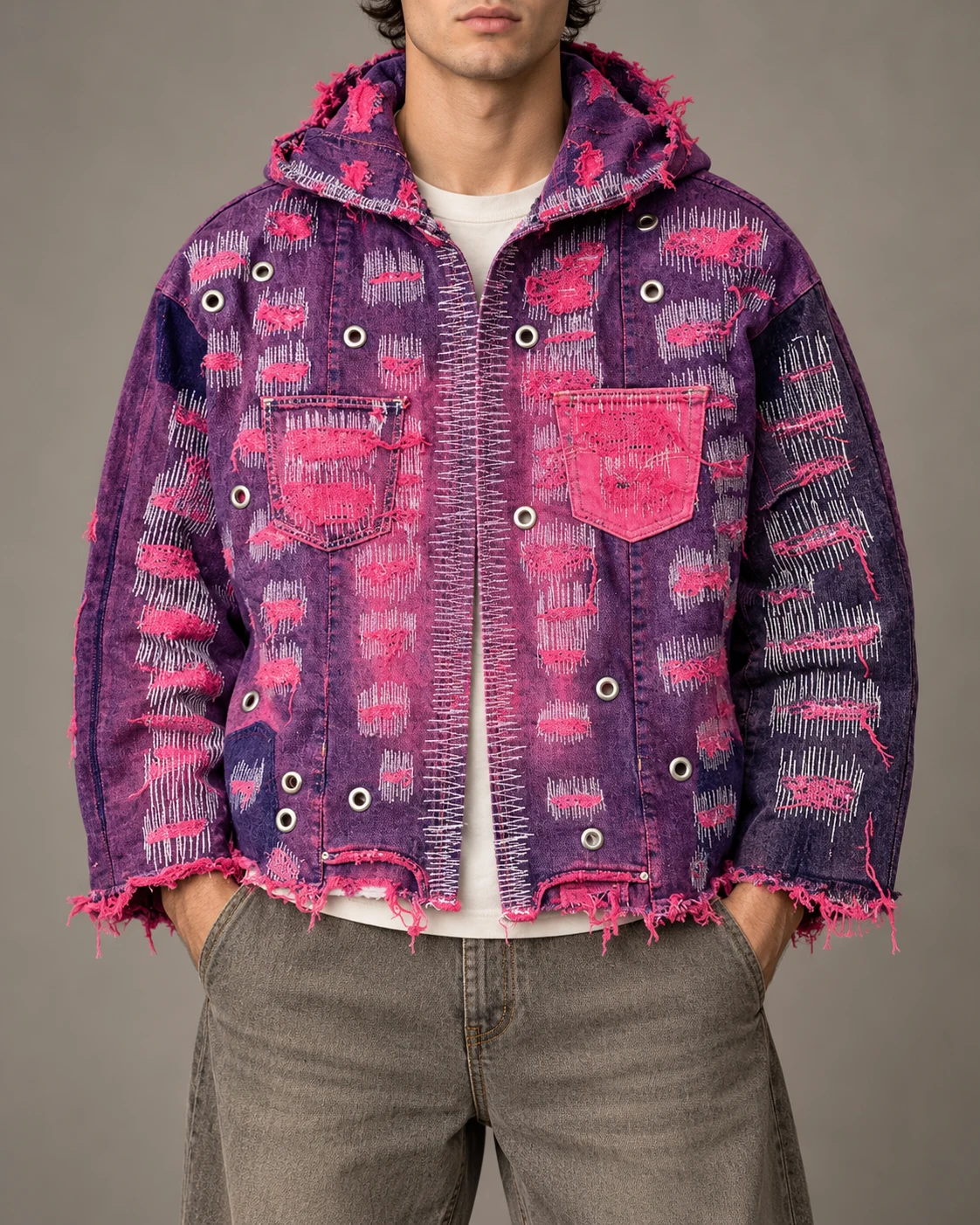 Purple Pink Distressed Denim Hoodie Jacket — AI design reference 2