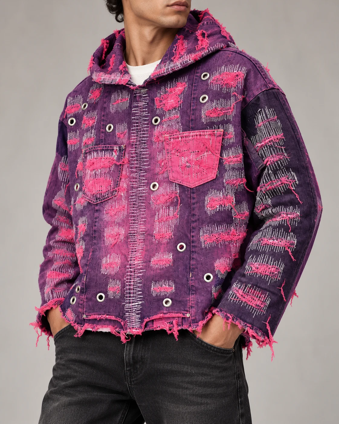 Purple Pink Distressed Denim Hoodie Jacket — AI design reference 3