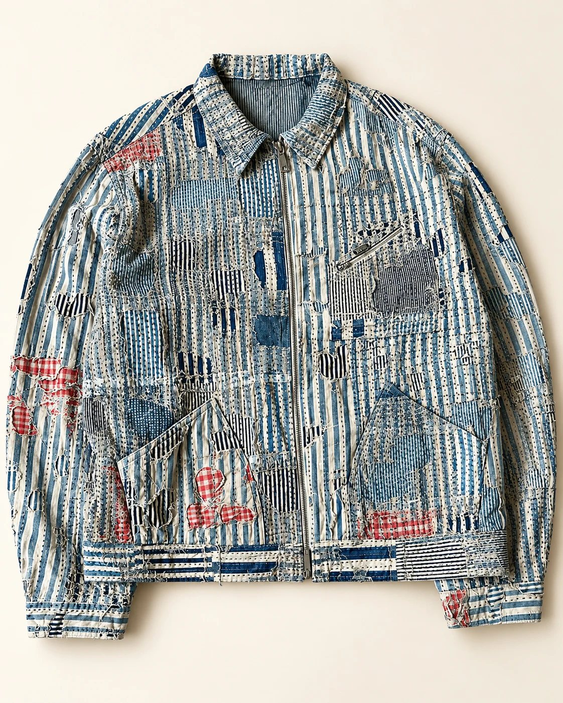 Striped Boro Patchwork Denim Jacket — AI design reference 1