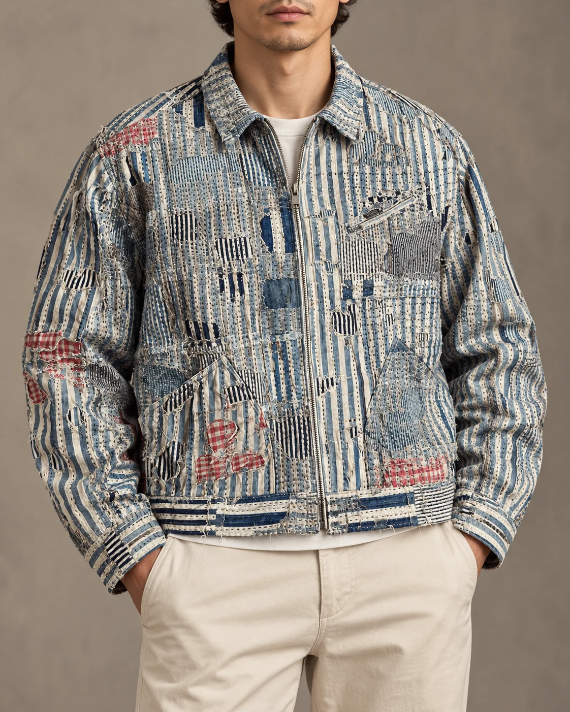 Striped Boro Patchwork Denim Jacket — AI design reference 2