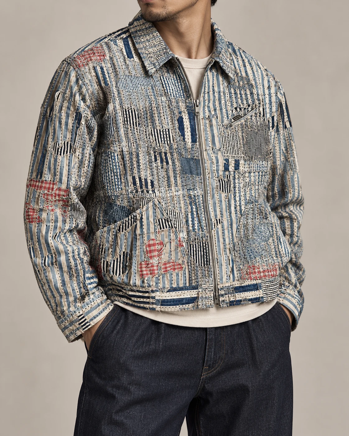 Striped Boro Patchwork Denim Jacket — AI design reference 3
