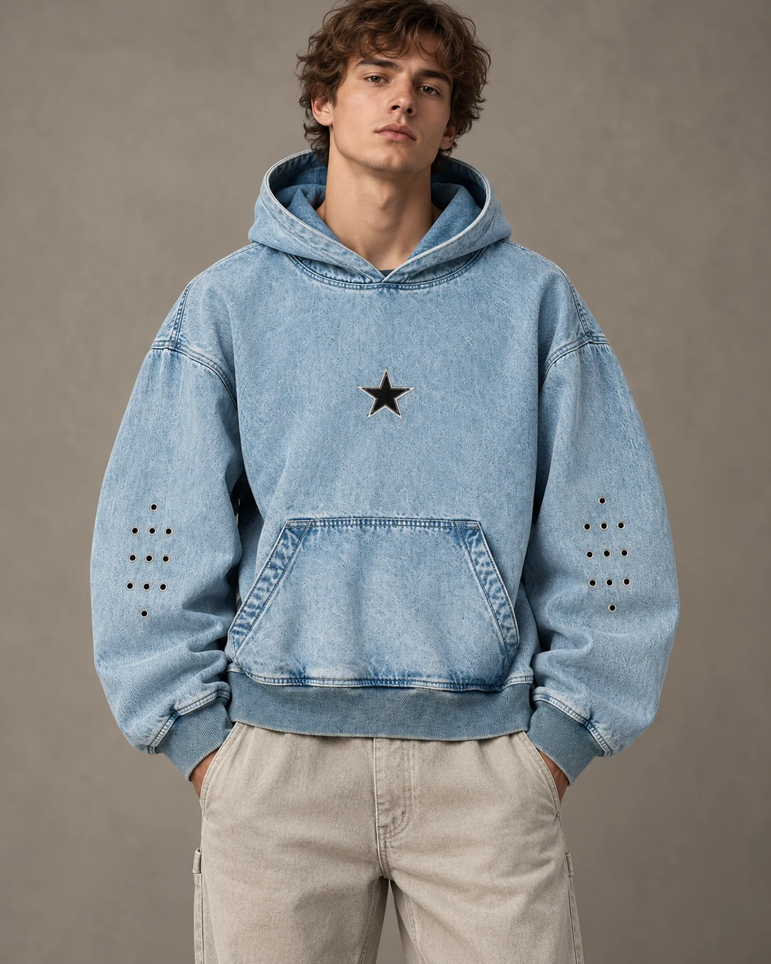 Light Blue Star Detail Denim Hoodie — AI design reference 2