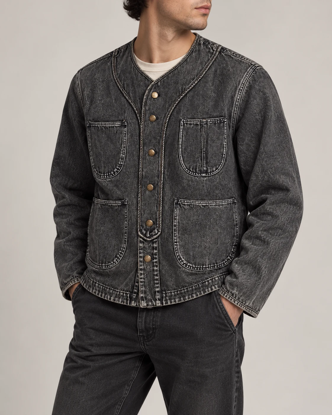 Charcoal Collarless Four-Pocket Denim Jacket — AI design reference 3