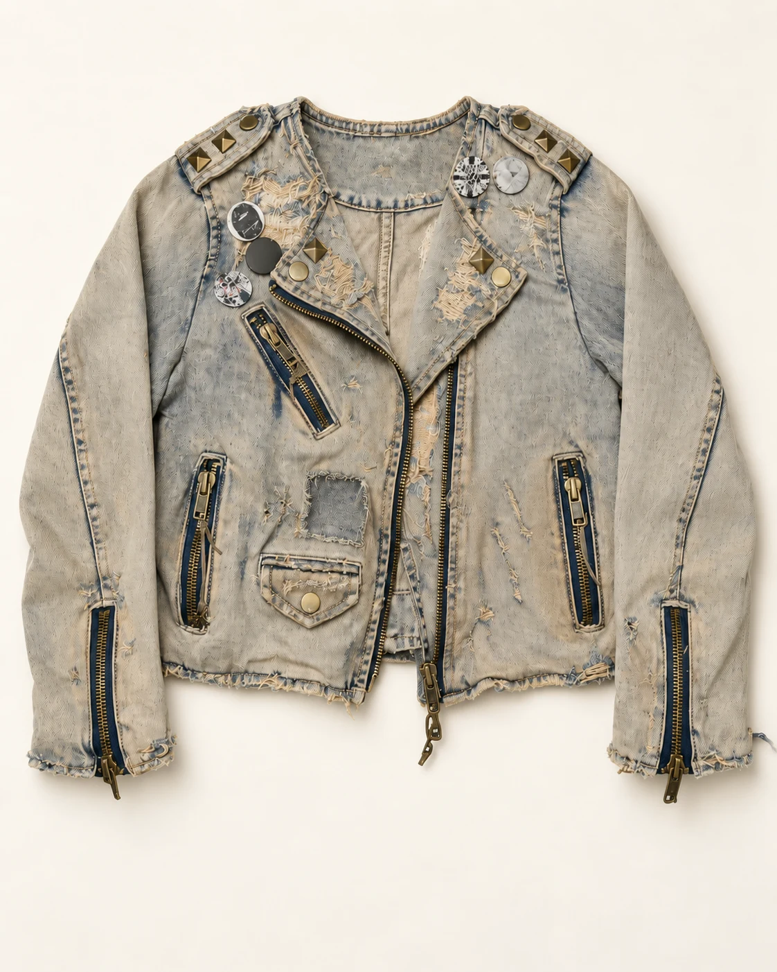 Sand Grey Studded Denim Biker Jacket — AI design reference 1