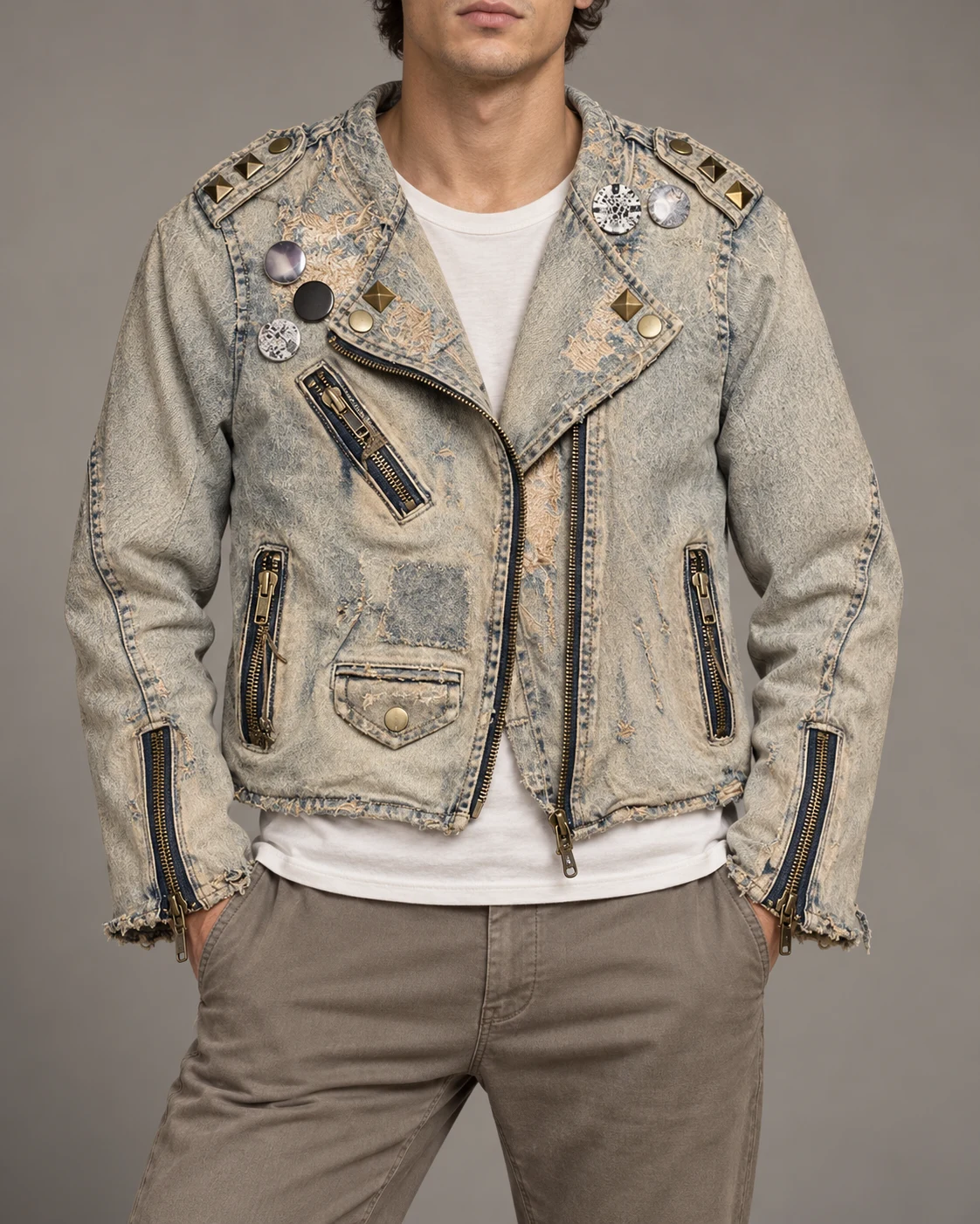 Sand Grey Studded Denim Biker Jacket — AI design reference 2