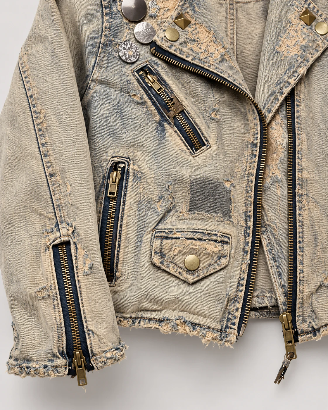 Sand Grey Studded Denim Biker Jacket — AI design reference 5