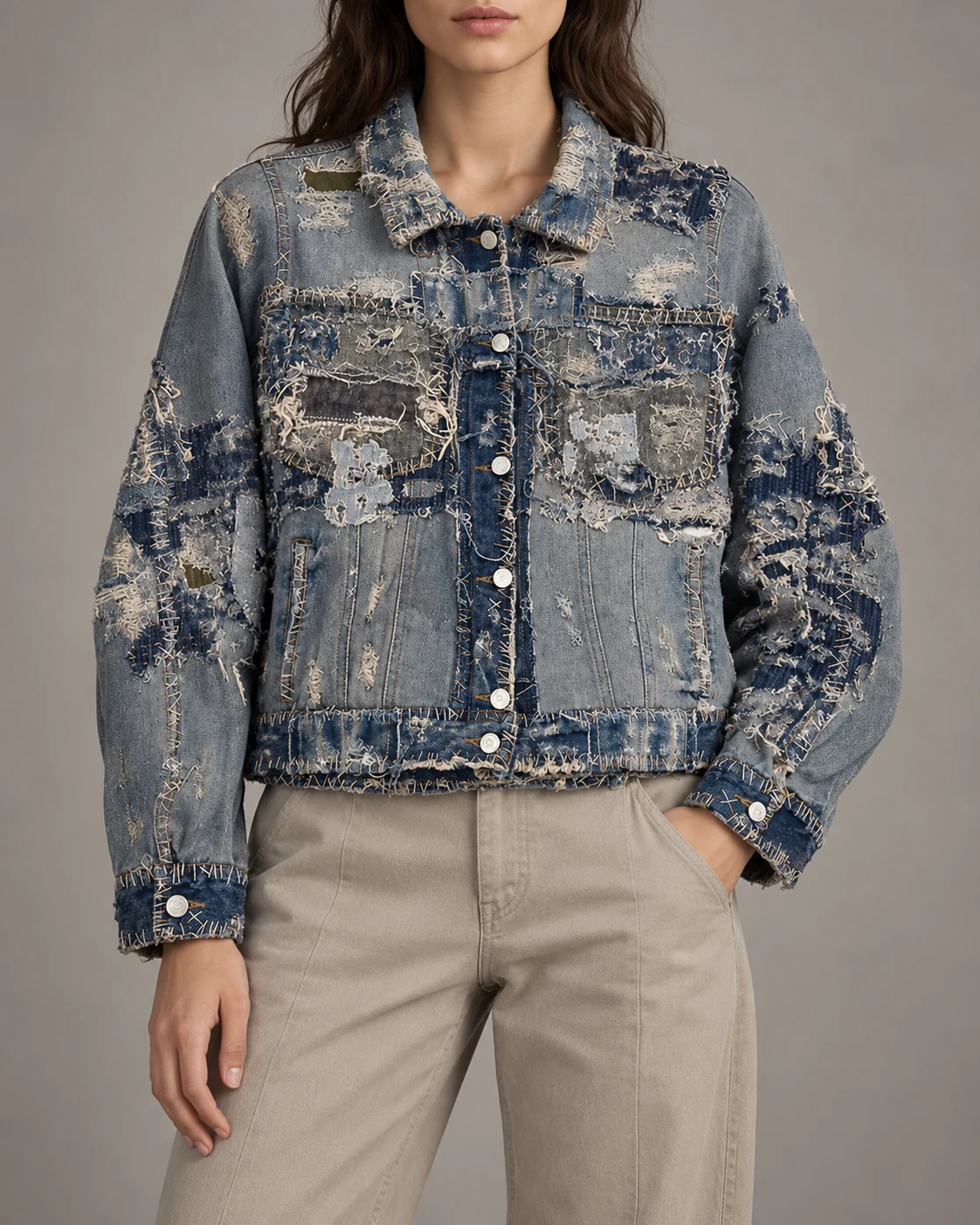 Grey Blue Distressed Patchwork Denim Jacket — AI design reference 2
