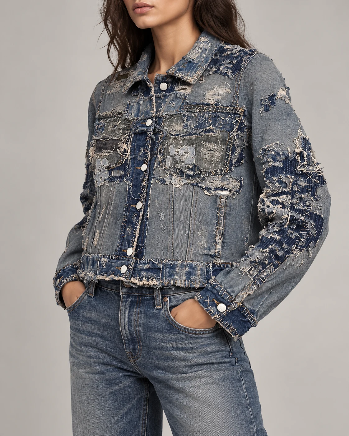 Grey Blue Distressed Patchwork Denim Jacket — AI design reference 3
