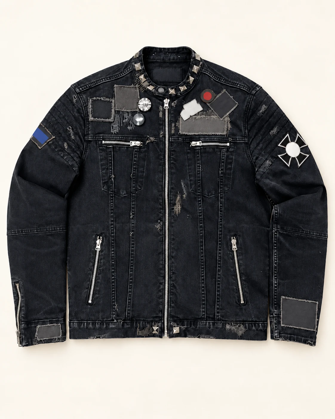 Black Studded Patch Denim Biker Jacket — AI design reference 1