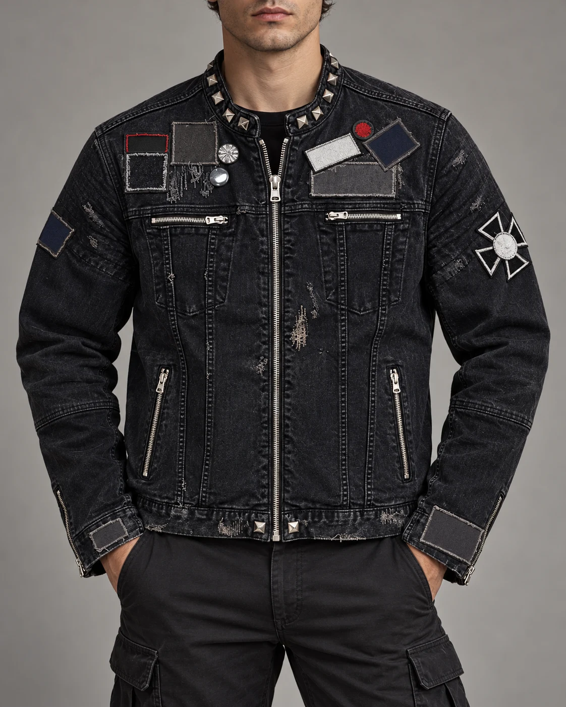 Black Studded Patch Denim Biker Jacket — AI design reference 2