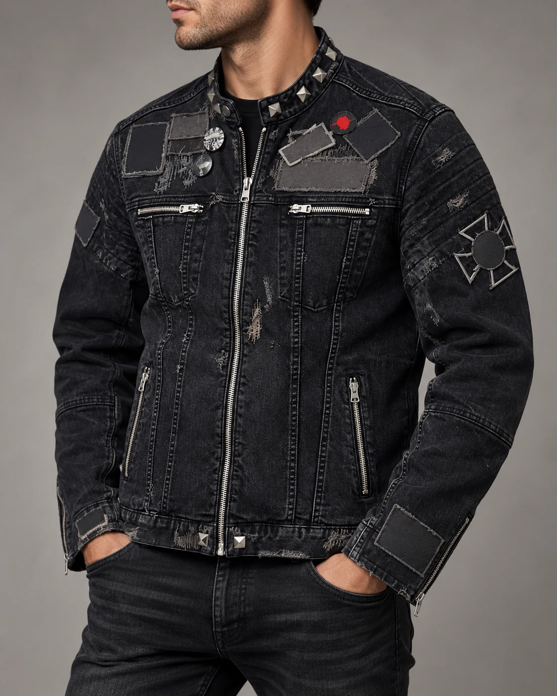 Black Studded Patch Denim Biker Jacket — AI design reference 3