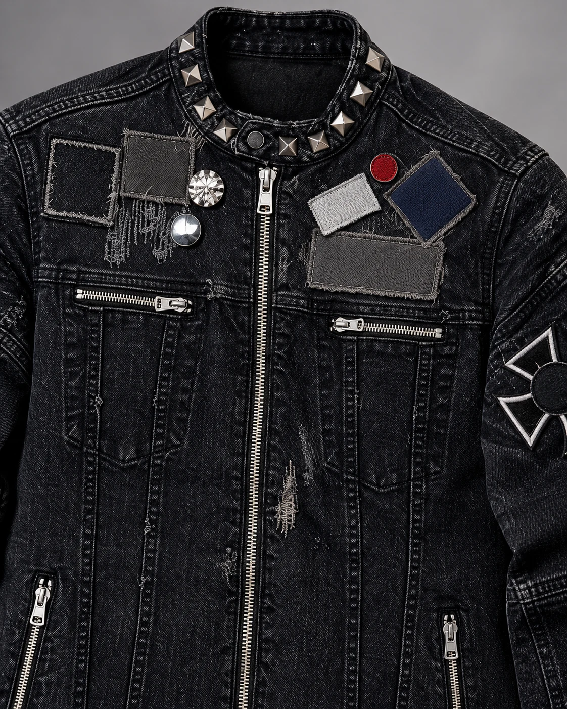 Black Studded Patch Denim Biker Jacket — AI design reference 4