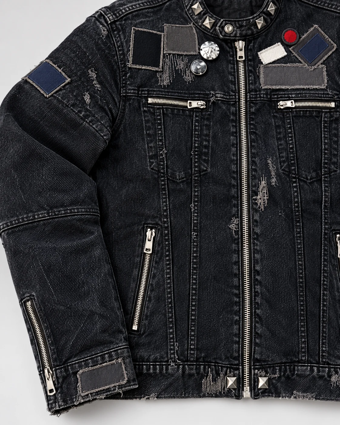 Black Studded Patch Denim Biker Jacket — AI design reference 5