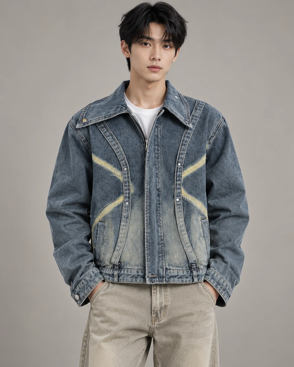 Blue Grey Curved Panel Denim Jacket — AI design reference 2