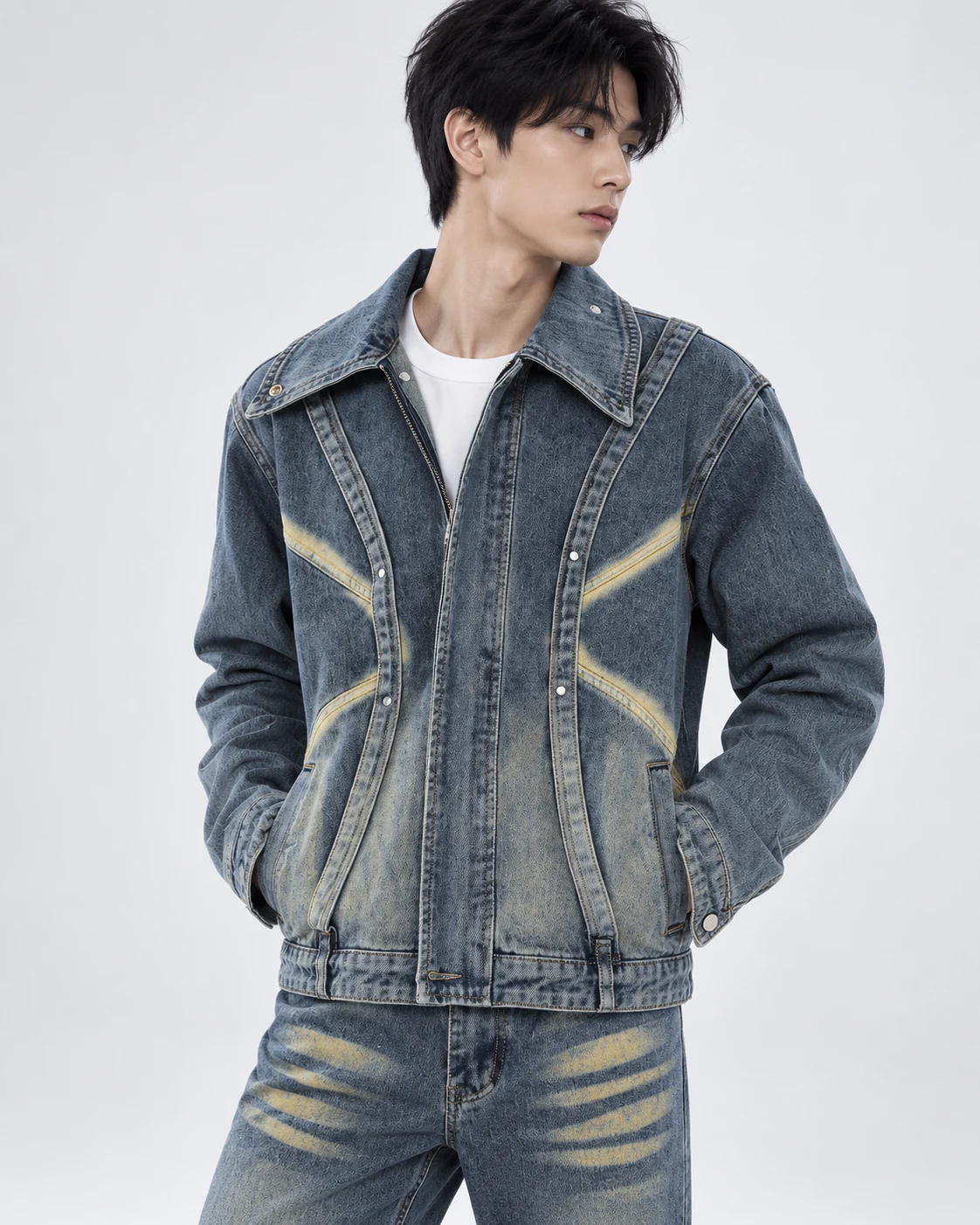 Blue Grey Curved Panel Denim Jacket — AI design reference 3