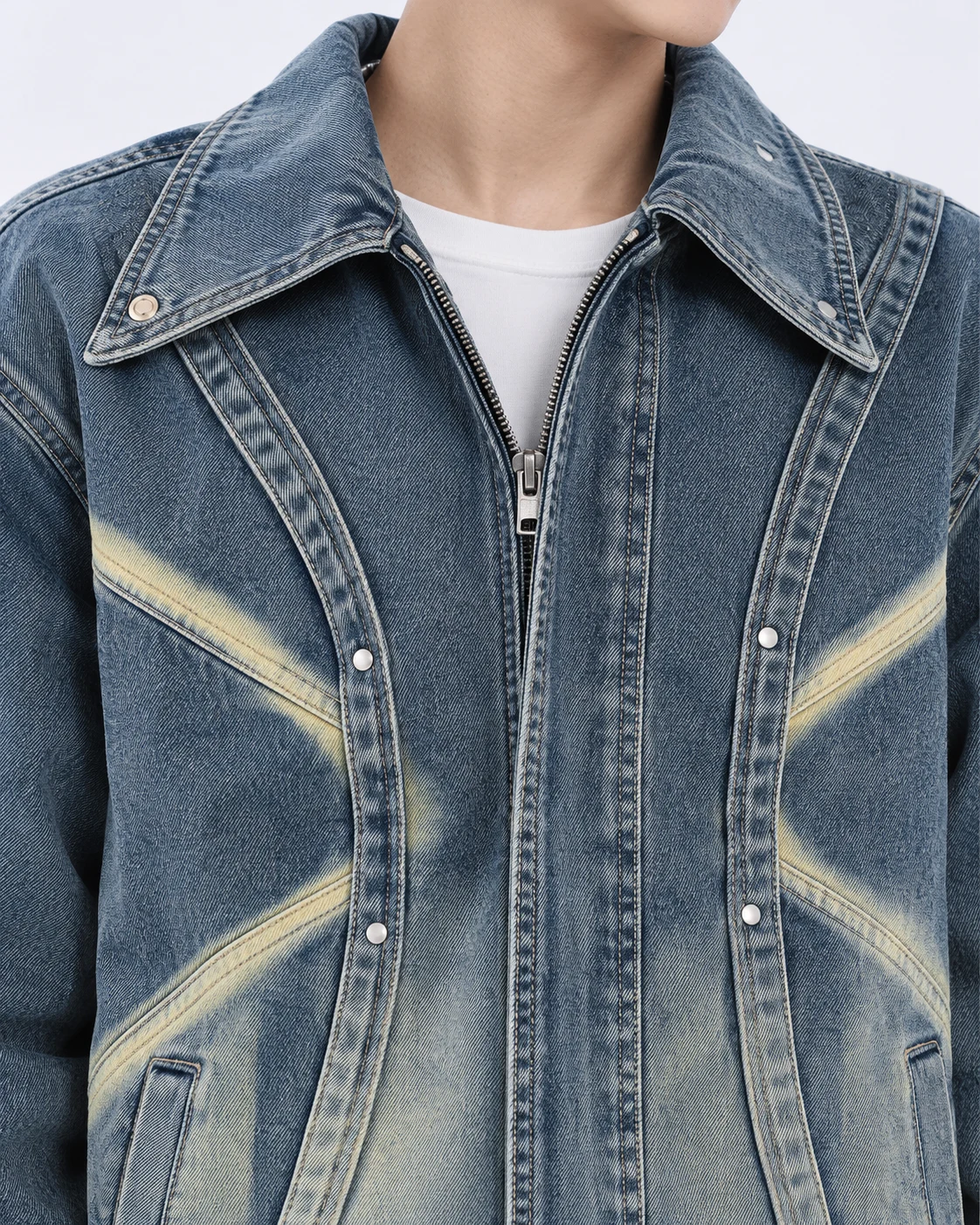 Blue Grey Curved Panel Denim Jacket — AI design reference 4