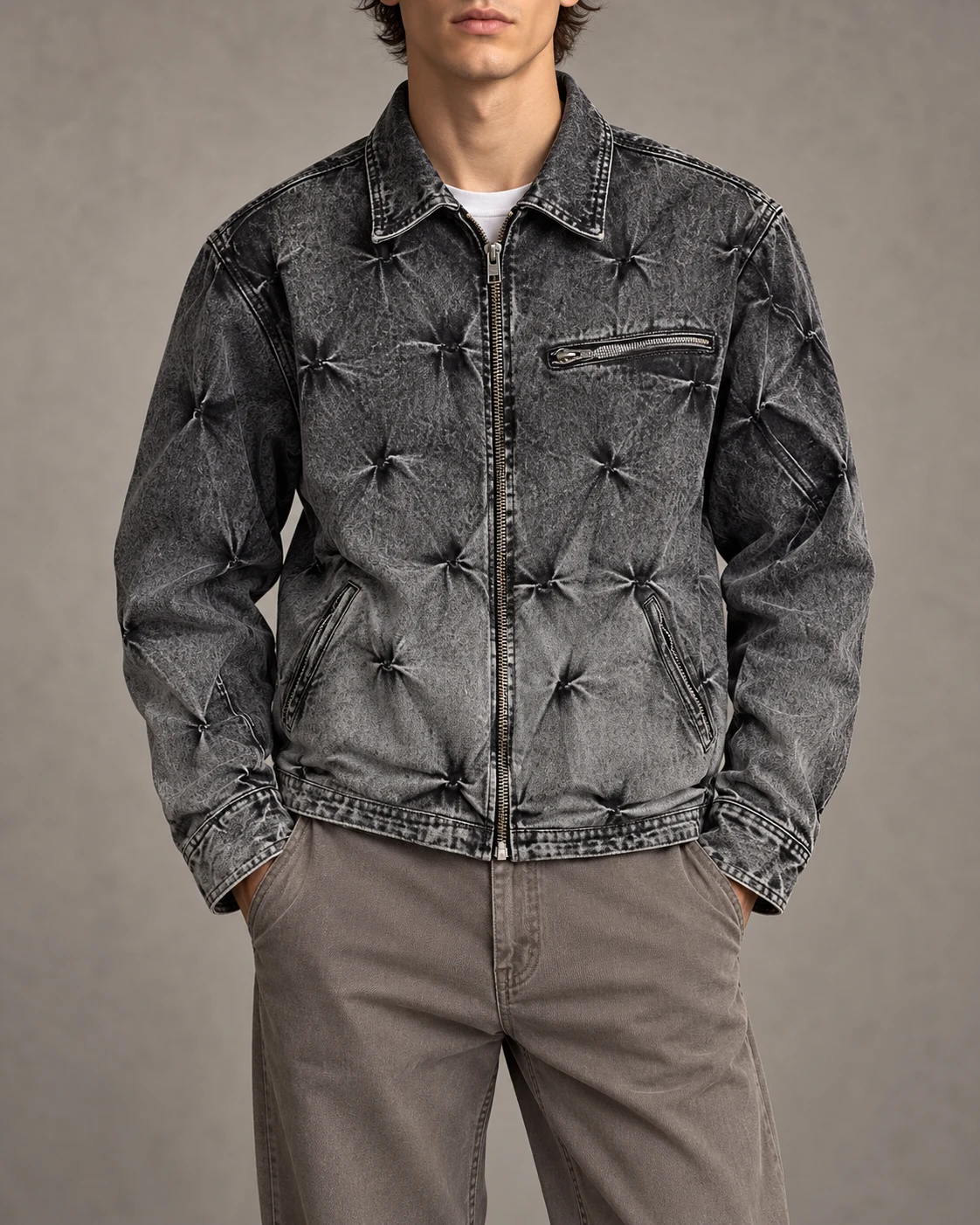 Charcoal Pinched Denim Zip Jacket — AI design reference 2
