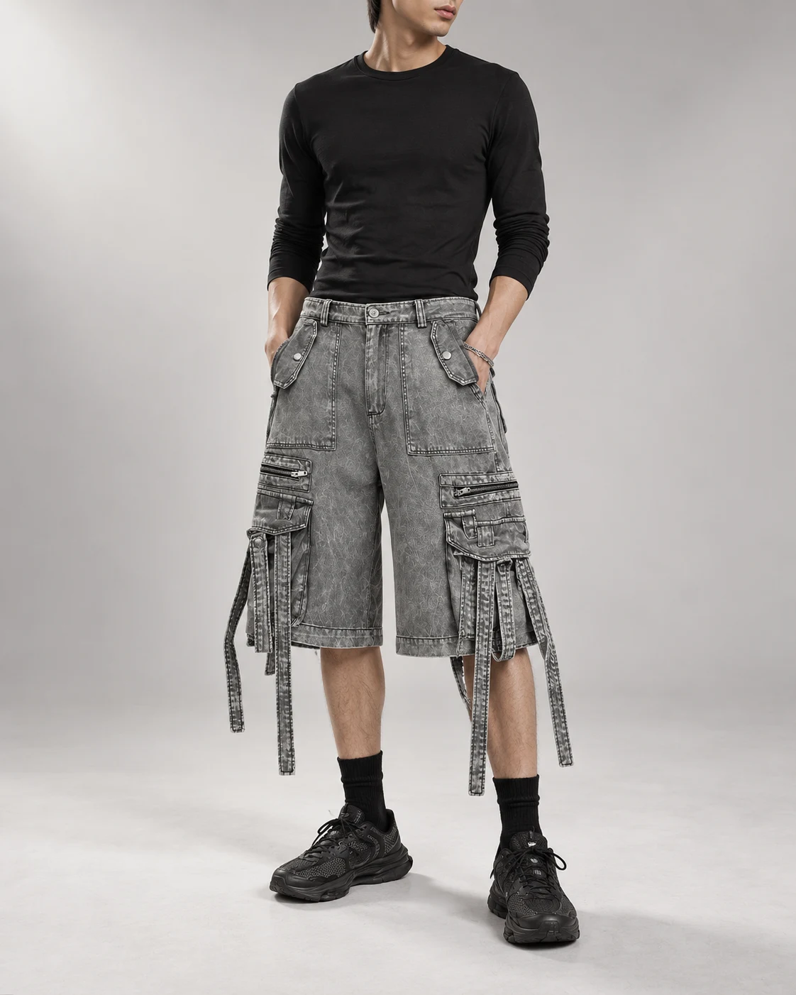 Grey Strap Multi-Pocket Cargo Shorts — AI design reference 4