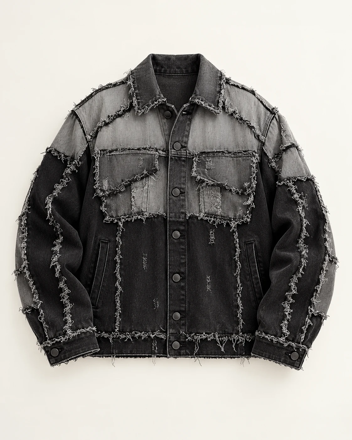 Black and Grey Frayed Panel Denim Jacket — AI design reference 1