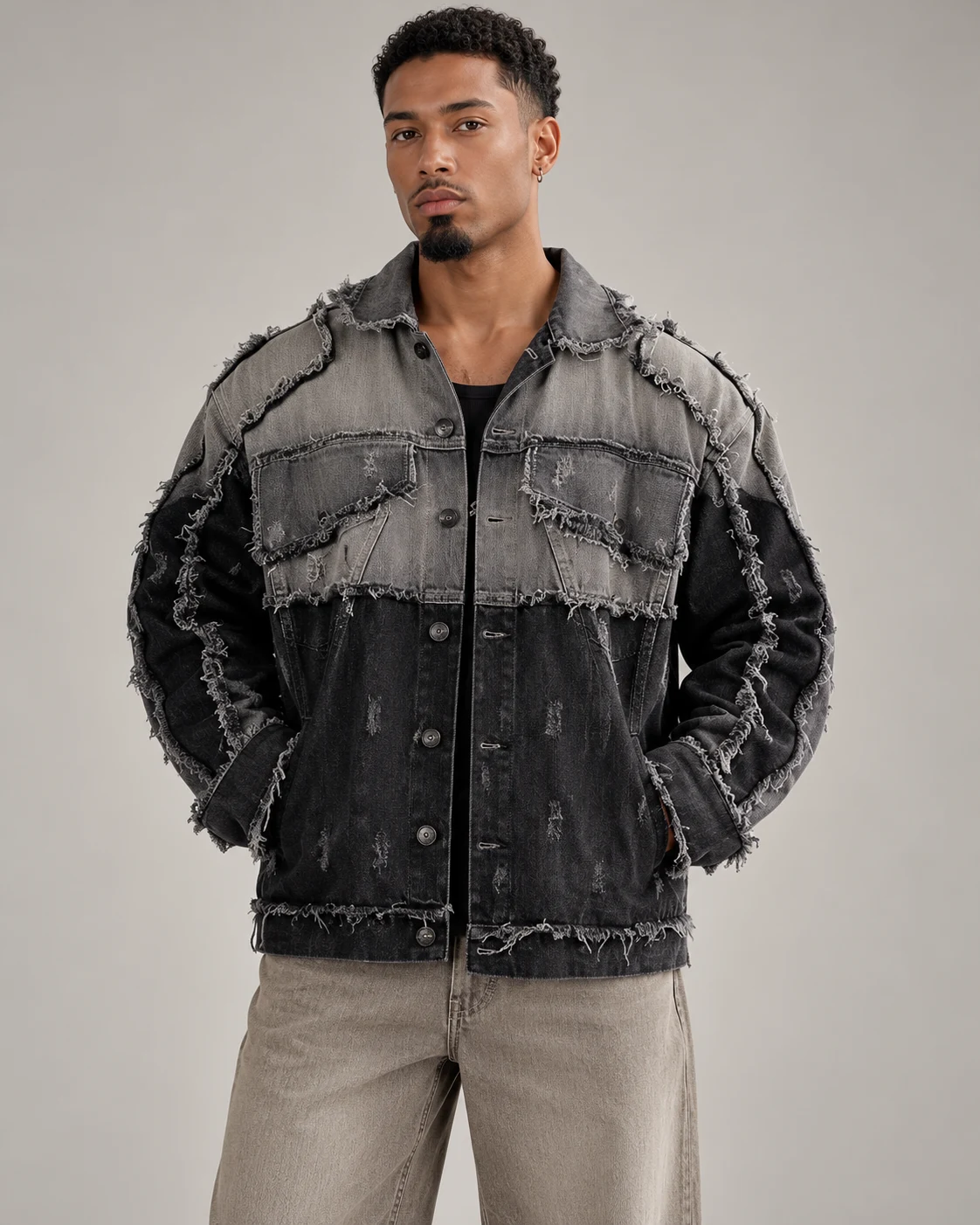 Black and Grey Frayed Panel Denim Jacket — AI design reference 2