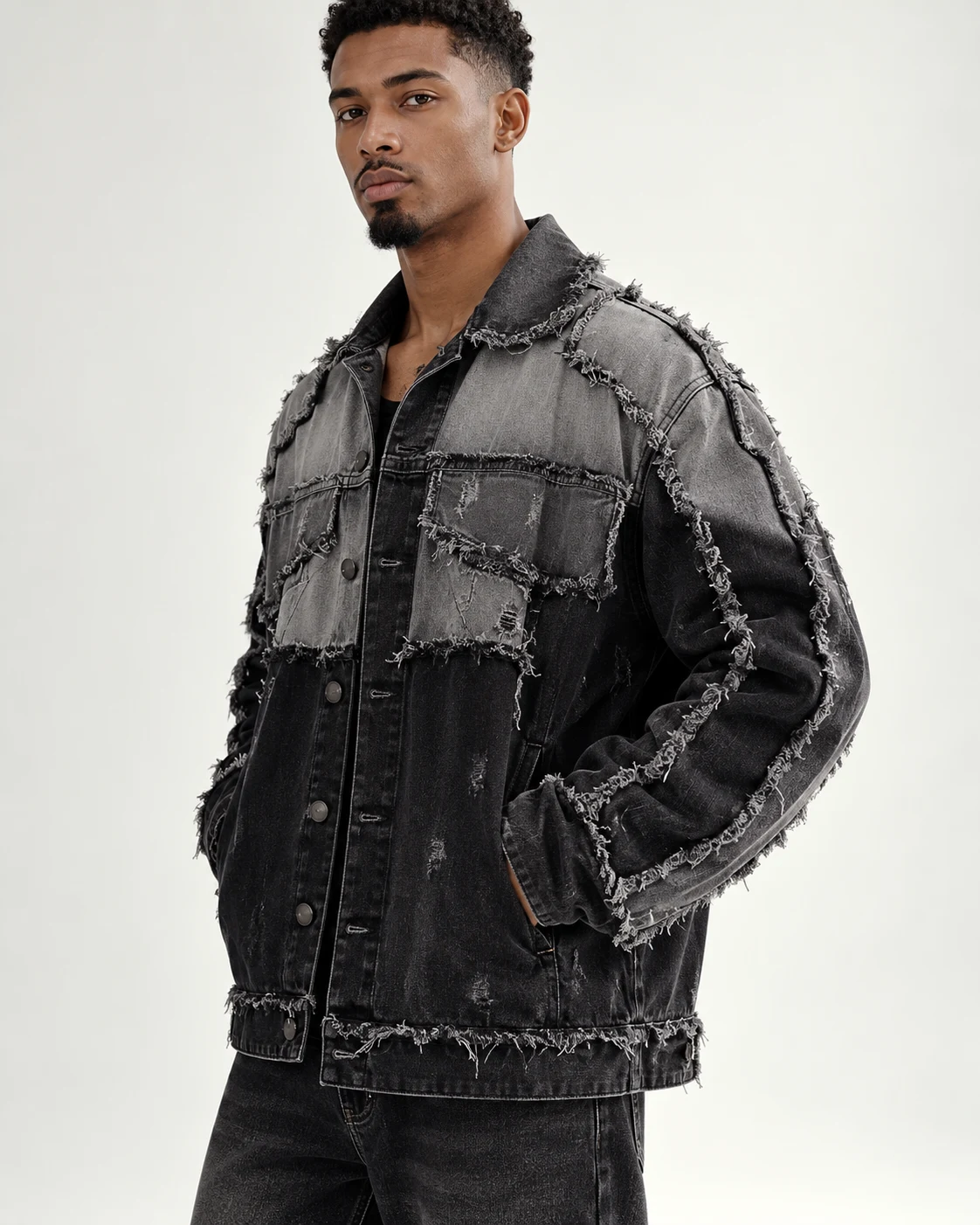 Black and Grey Frayed Panel Denim Jacket — AI design reference 3
