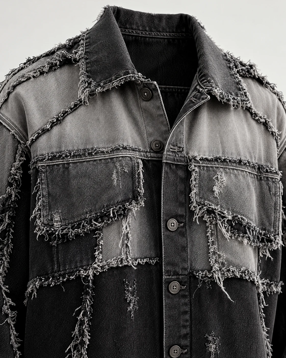 Black and Grey Frayed Panel Denim Jacket — AI design reference 4