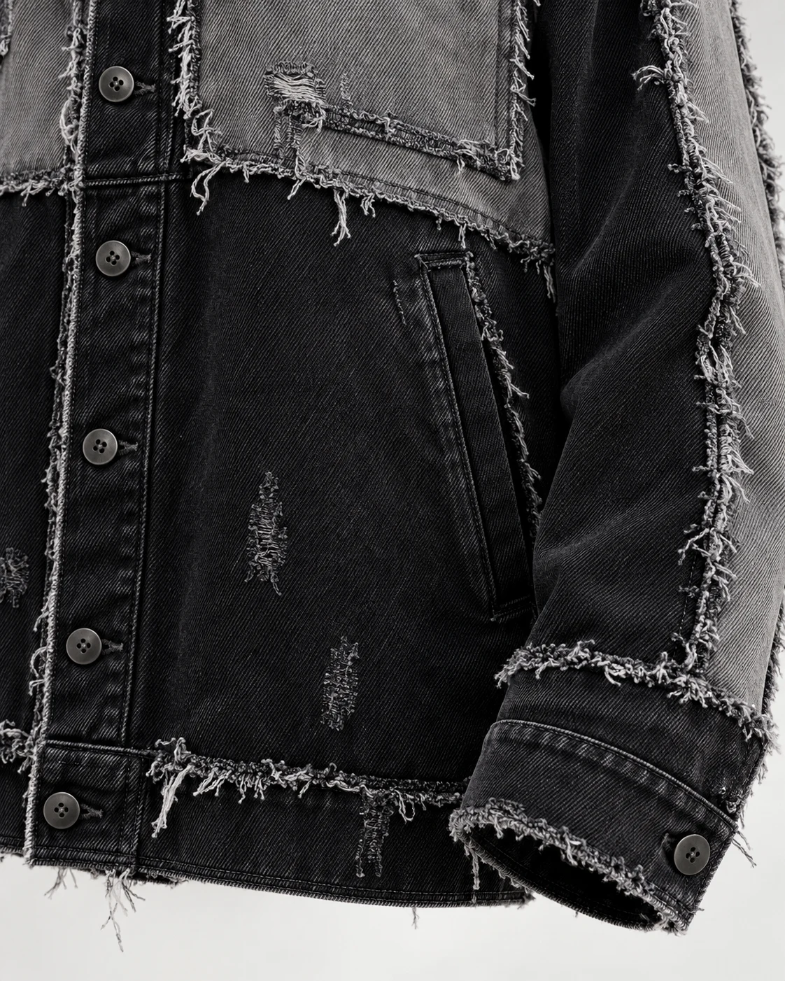Black and Grey Frayed Panel Denim Jacket — AI design reference 5