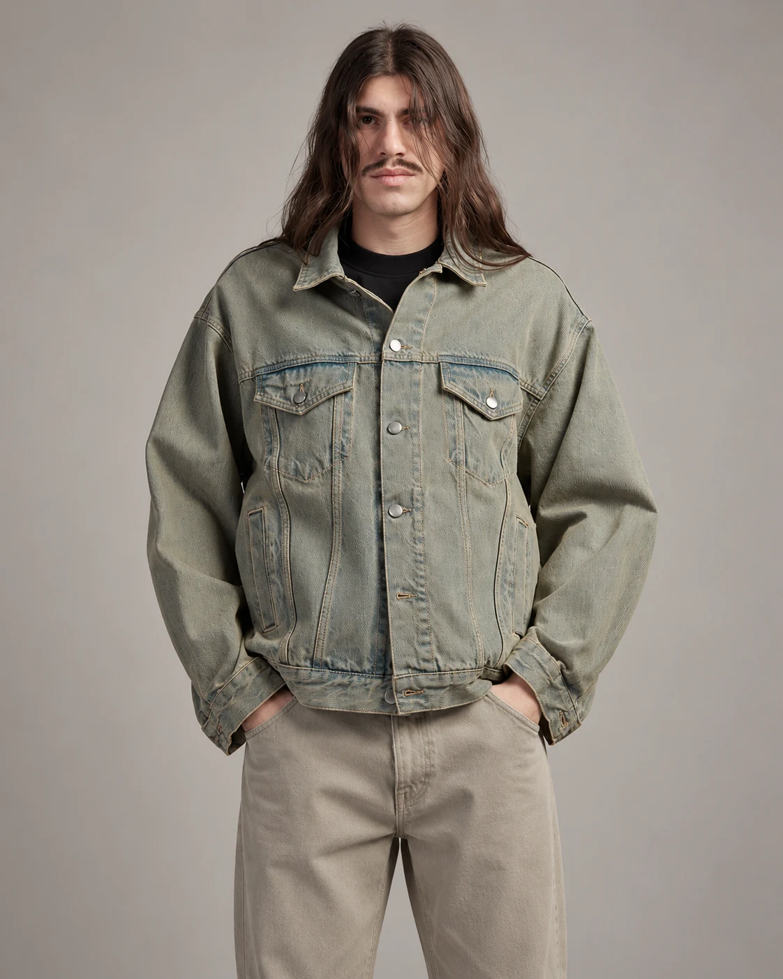 Vintage Grey-Green Washed Denim Jacket — AI design reference 2