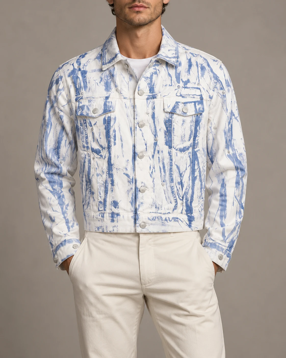 White and Blue Bleach-Washed Denim Jacket — AI design reference 2