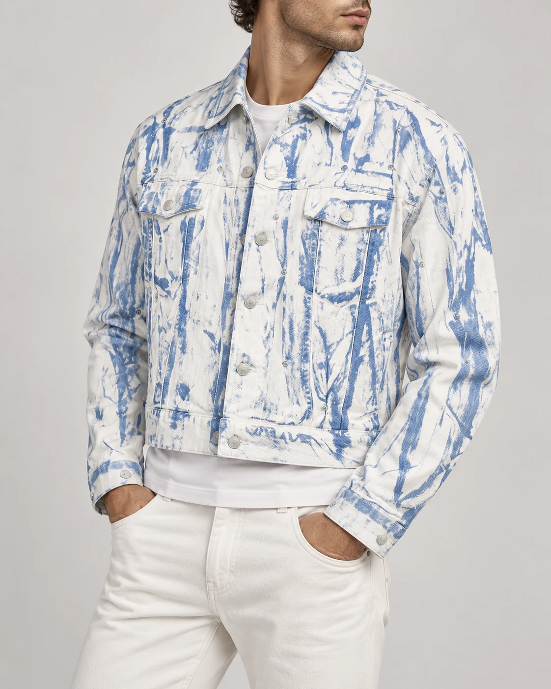 White and Blue Bleach-Washed Denim Jacket — AI design reference 3
