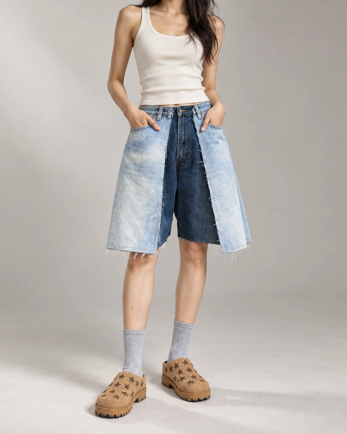 Two-Tone Blue Layered Denim Shorts — AI design reference 4