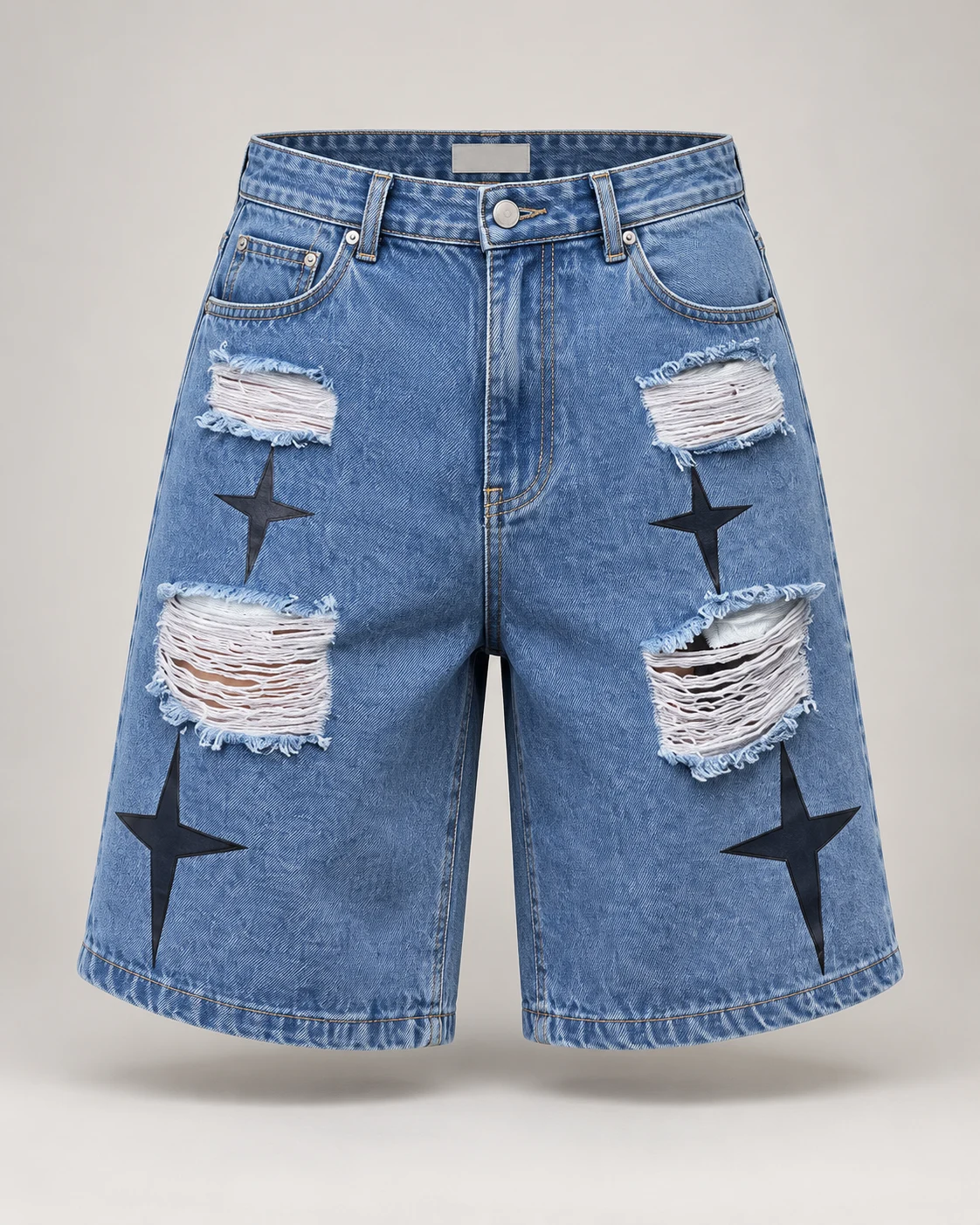 Light Blue Star Patch Ripped Shorts — AI design reference 1