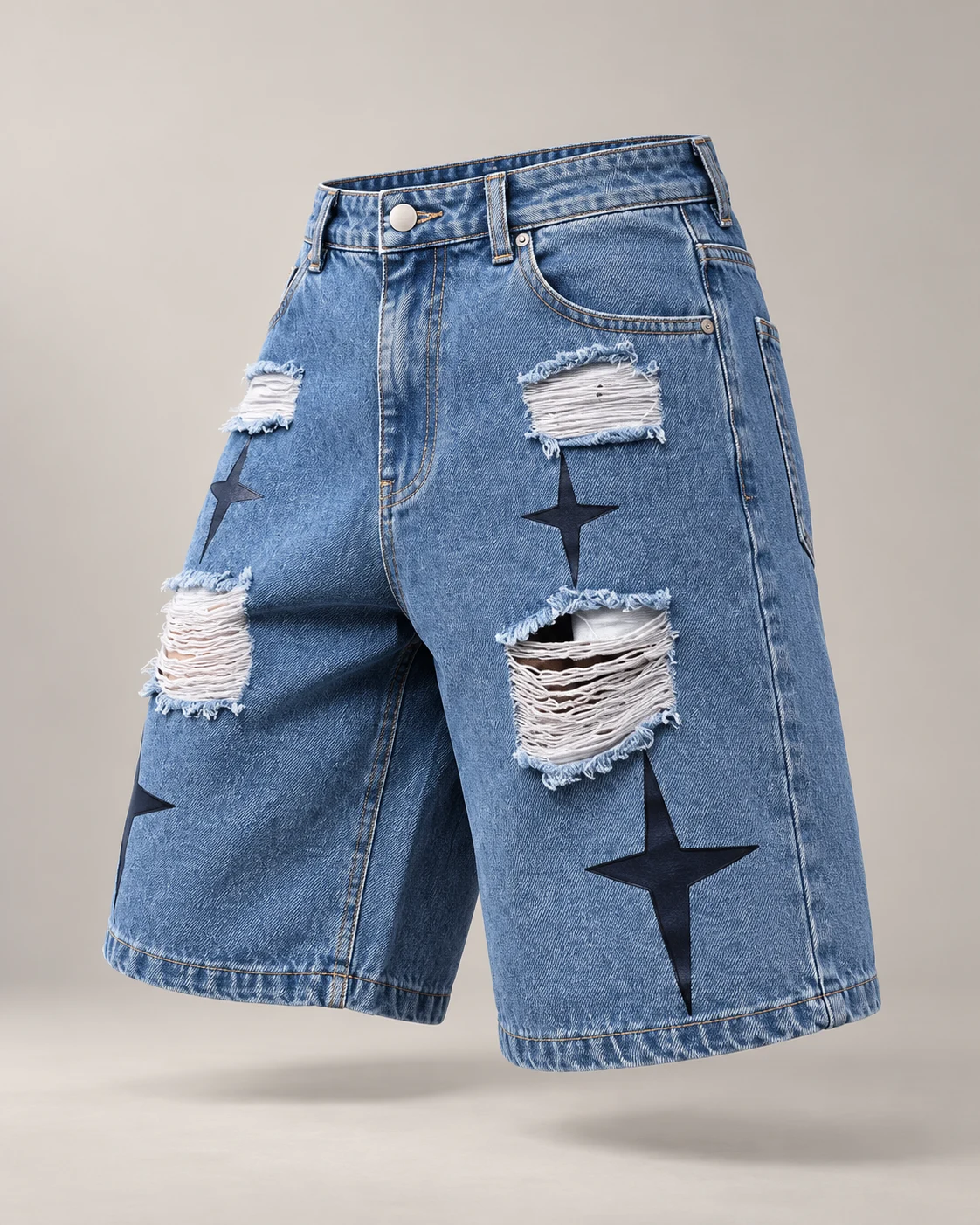 Light Blue Star Patch Ripped Shorts — AI design reference 3