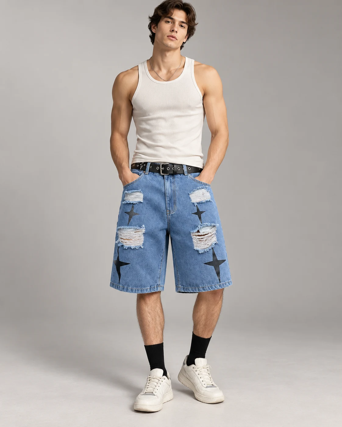 Light Blue Star Patch Ripped Shorts — AI design reference 4