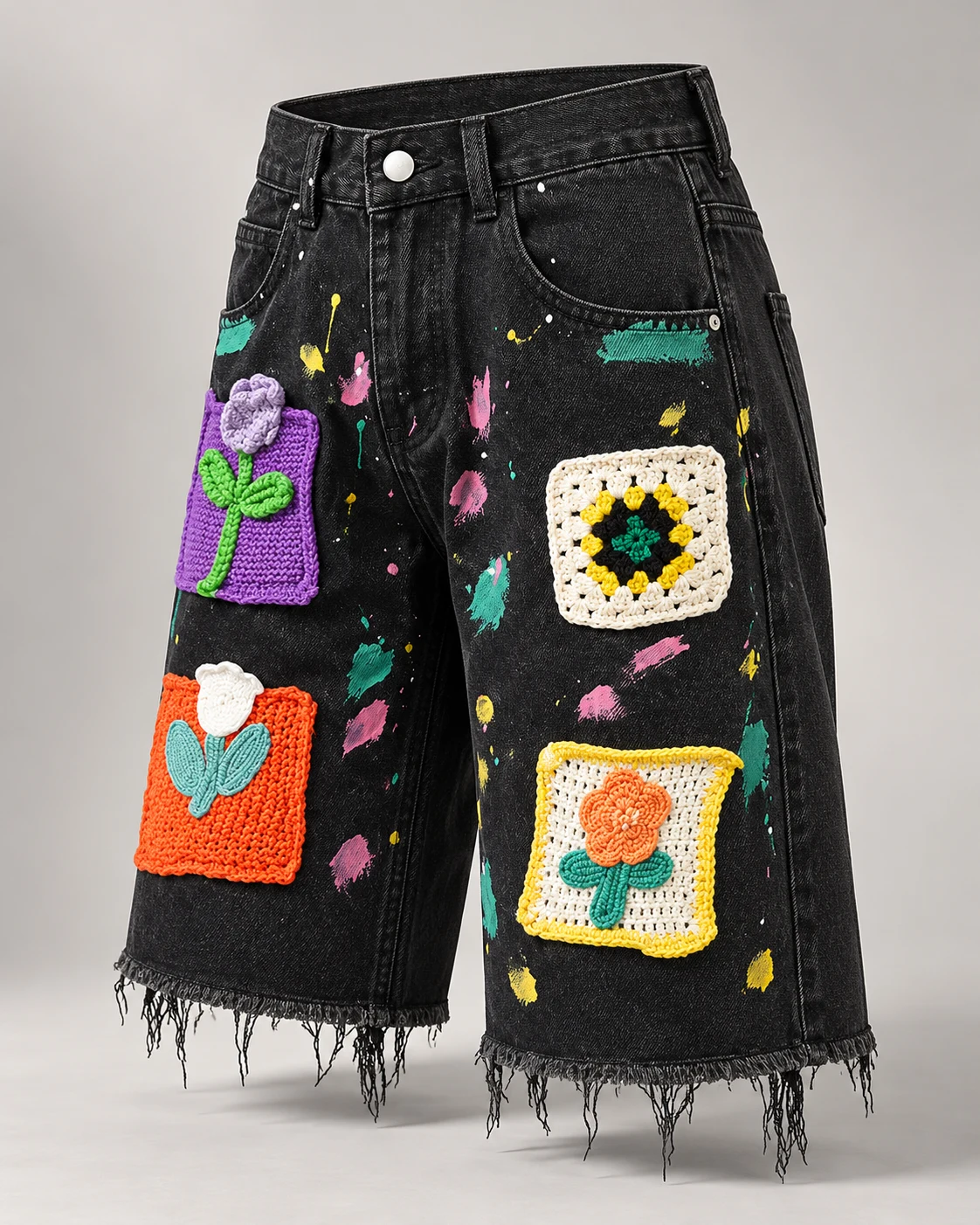 Black Floral Patch Denim Shorts — AI design reference 3
