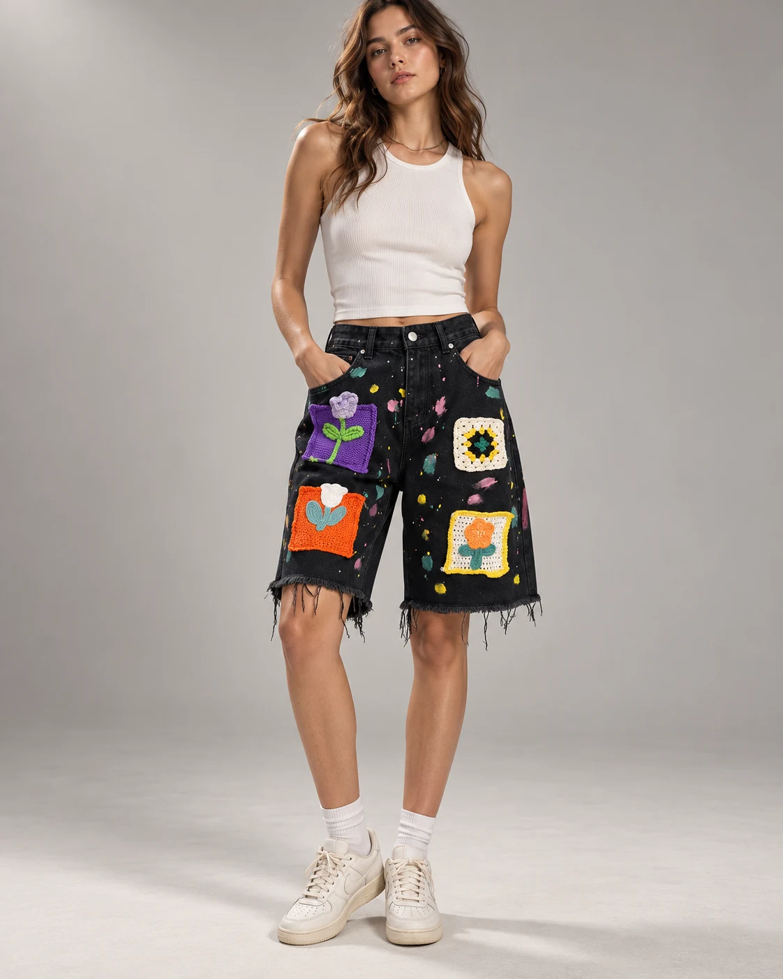 Black Floral Patch Denim Shorts — AI design reference 4