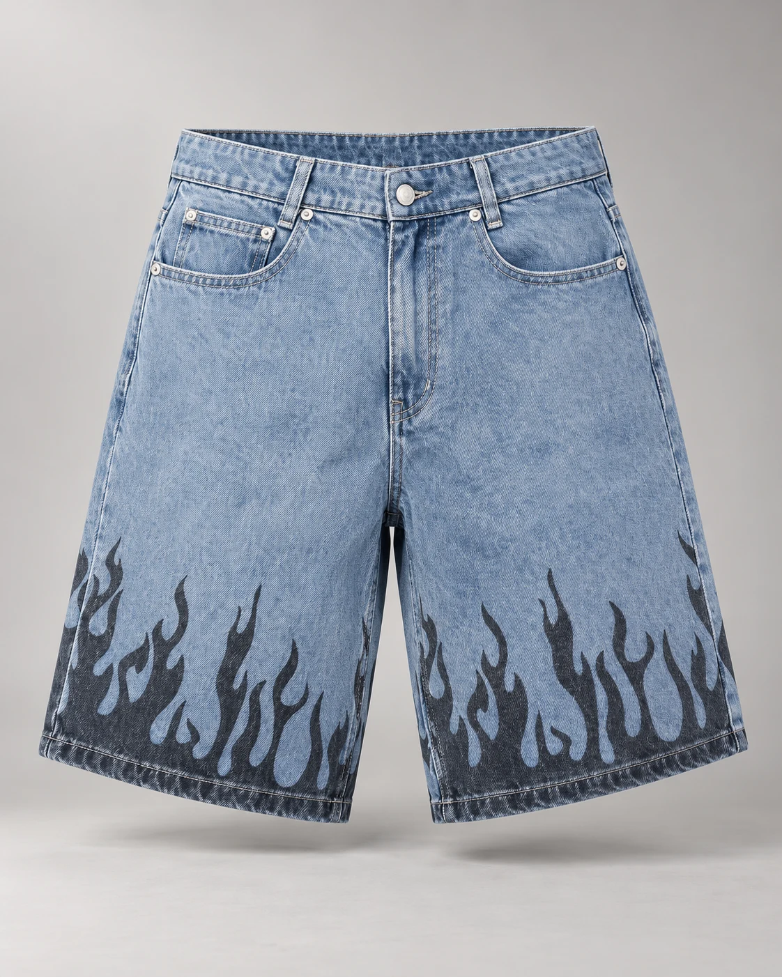 Light Blue Flame Print Denim Shorts — AI design reference 1