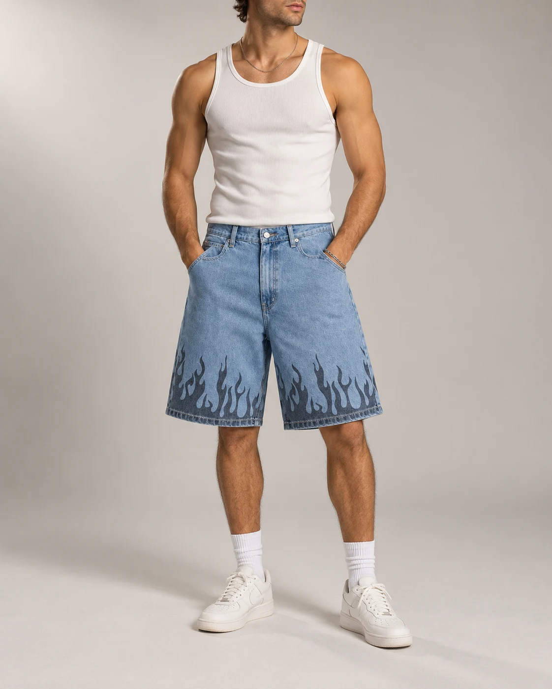Light Blue Flame Print Denim Shorts — AI design reference 4