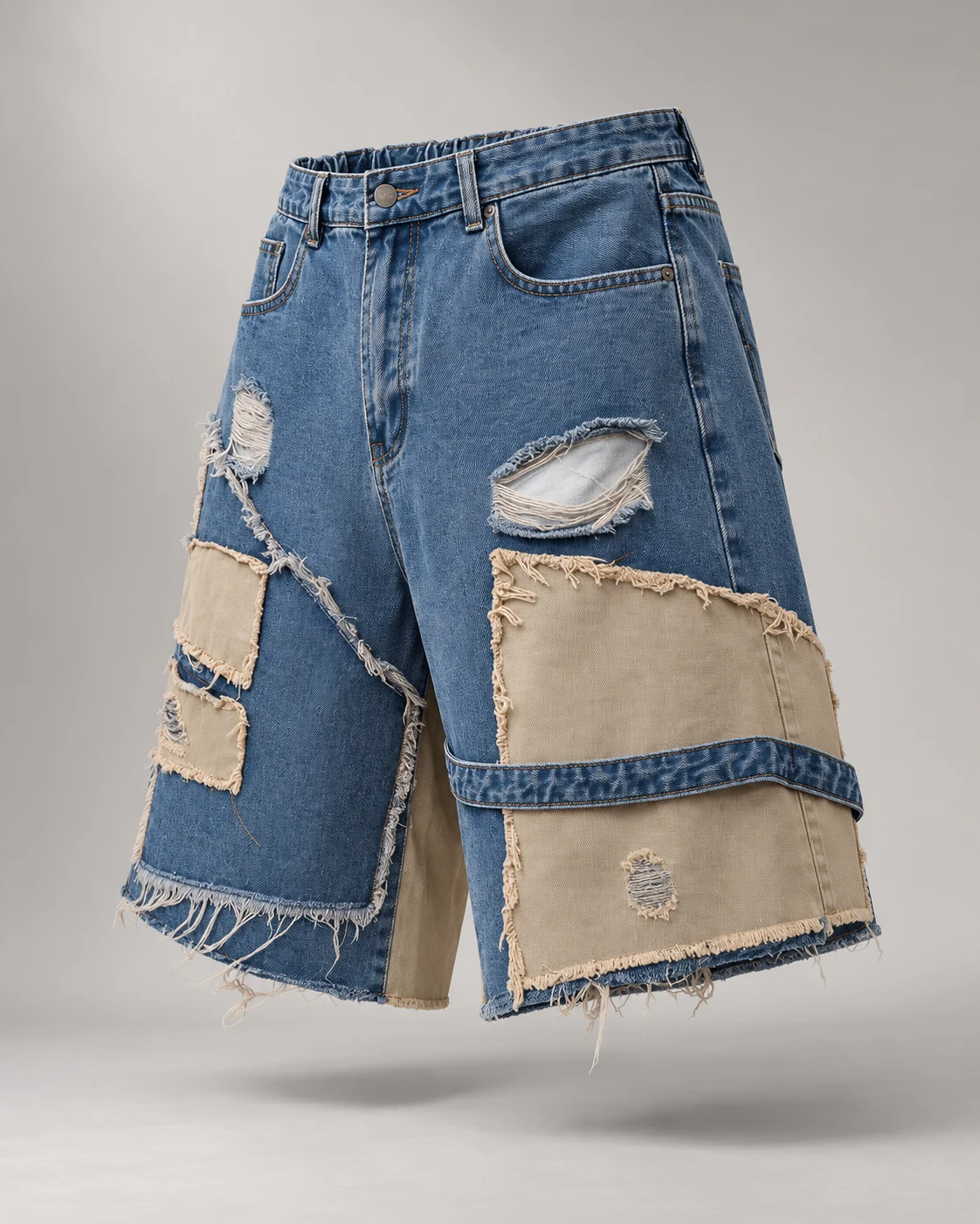 Blue Khaki Patchwork Denim Shorts — AI design reference 3