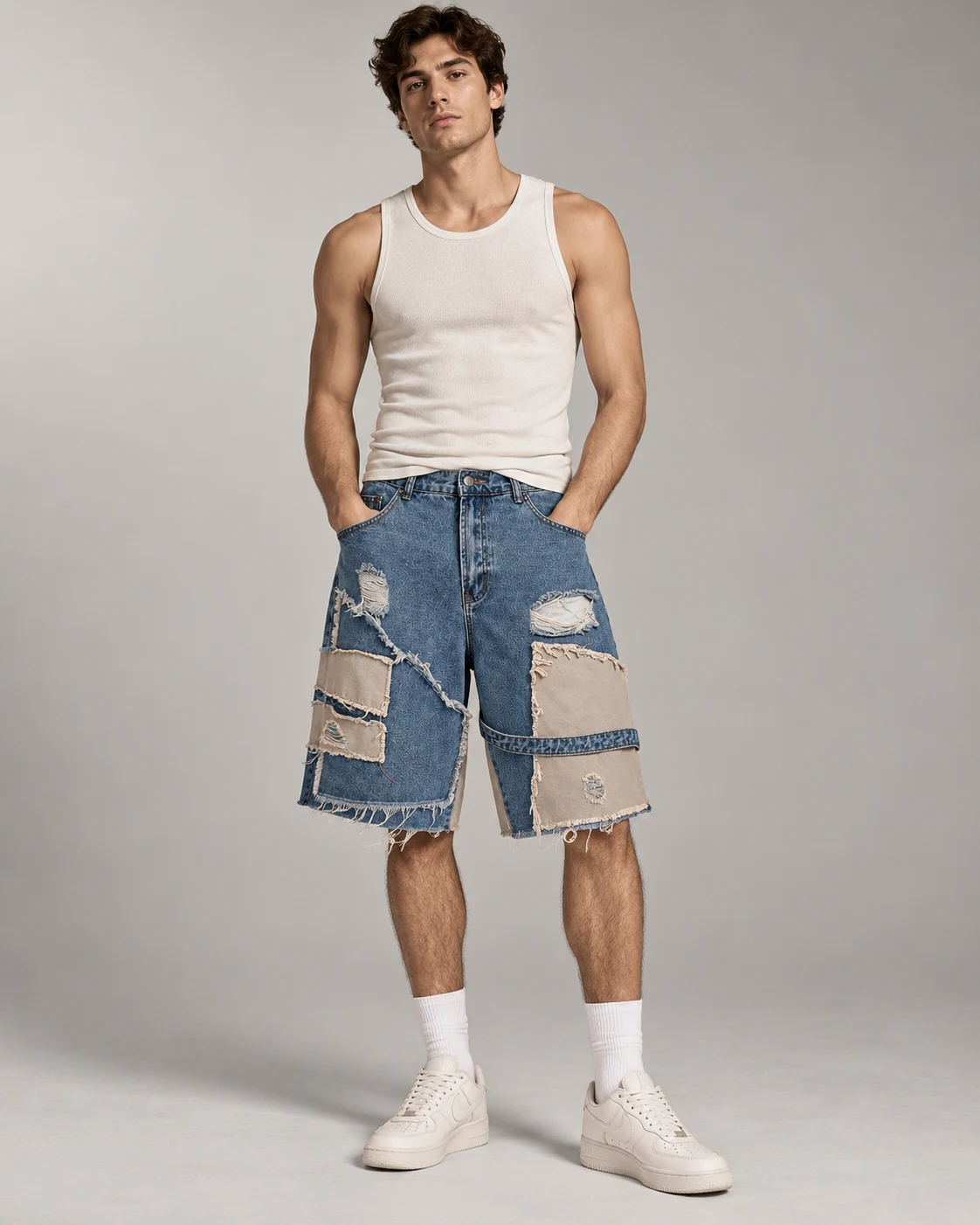 Blue Khaki Patchwork Denim Shorts — AI design reference 4