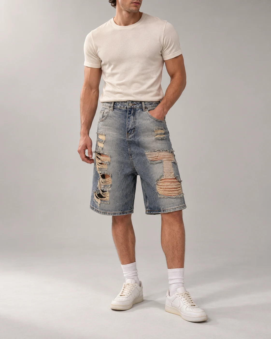Light Blue Heavily Distressed Shorts — AI design reference 4