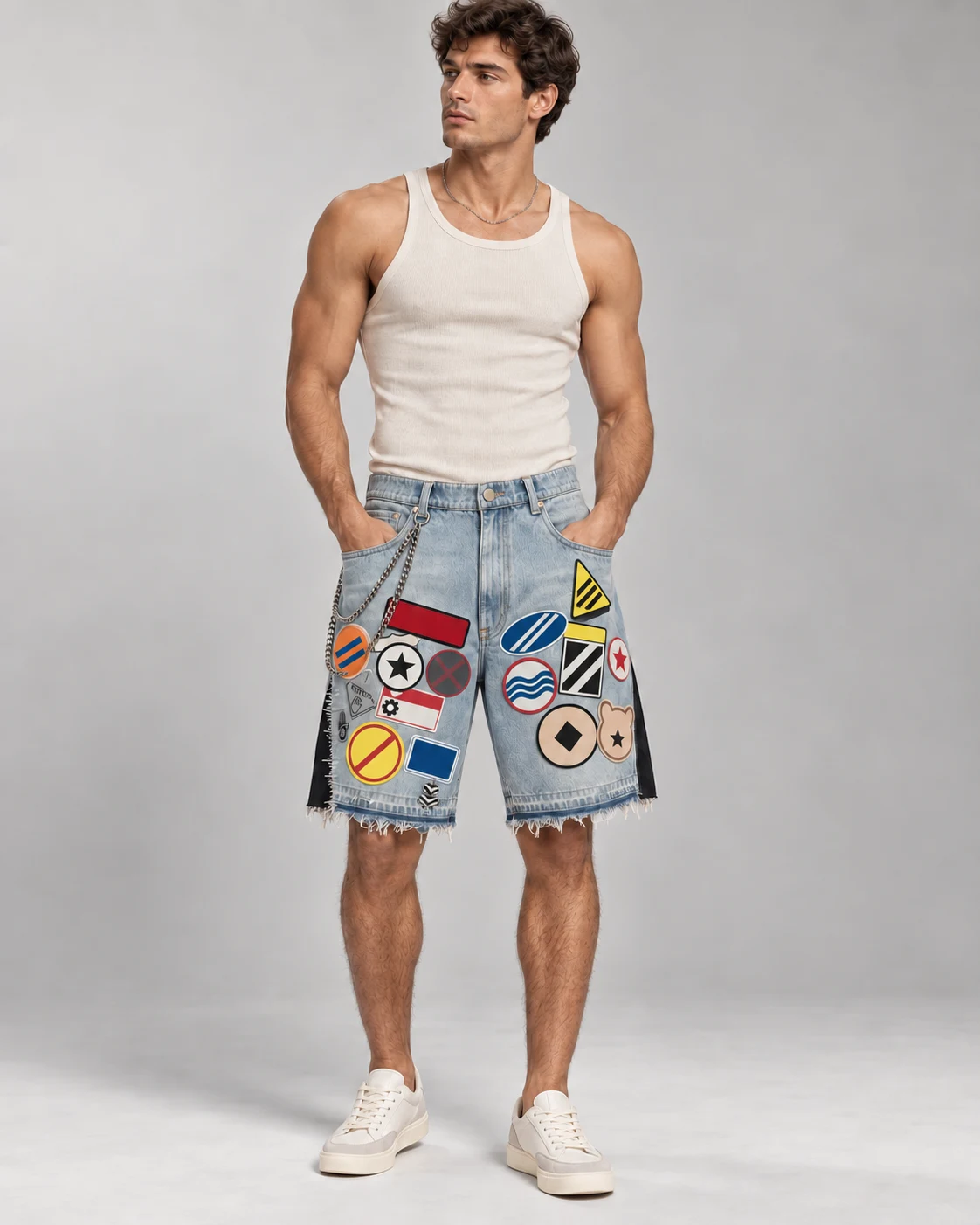 Light Blue Badge Patch Denim Shorts — AI design reference 4
