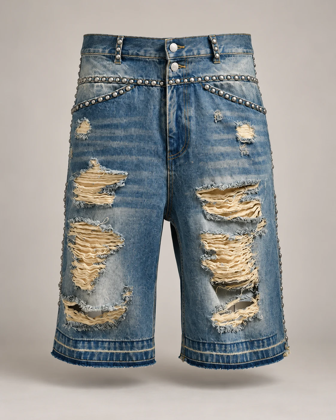 Vintage Blue Studded Ripped Shorts — AI design reference 1