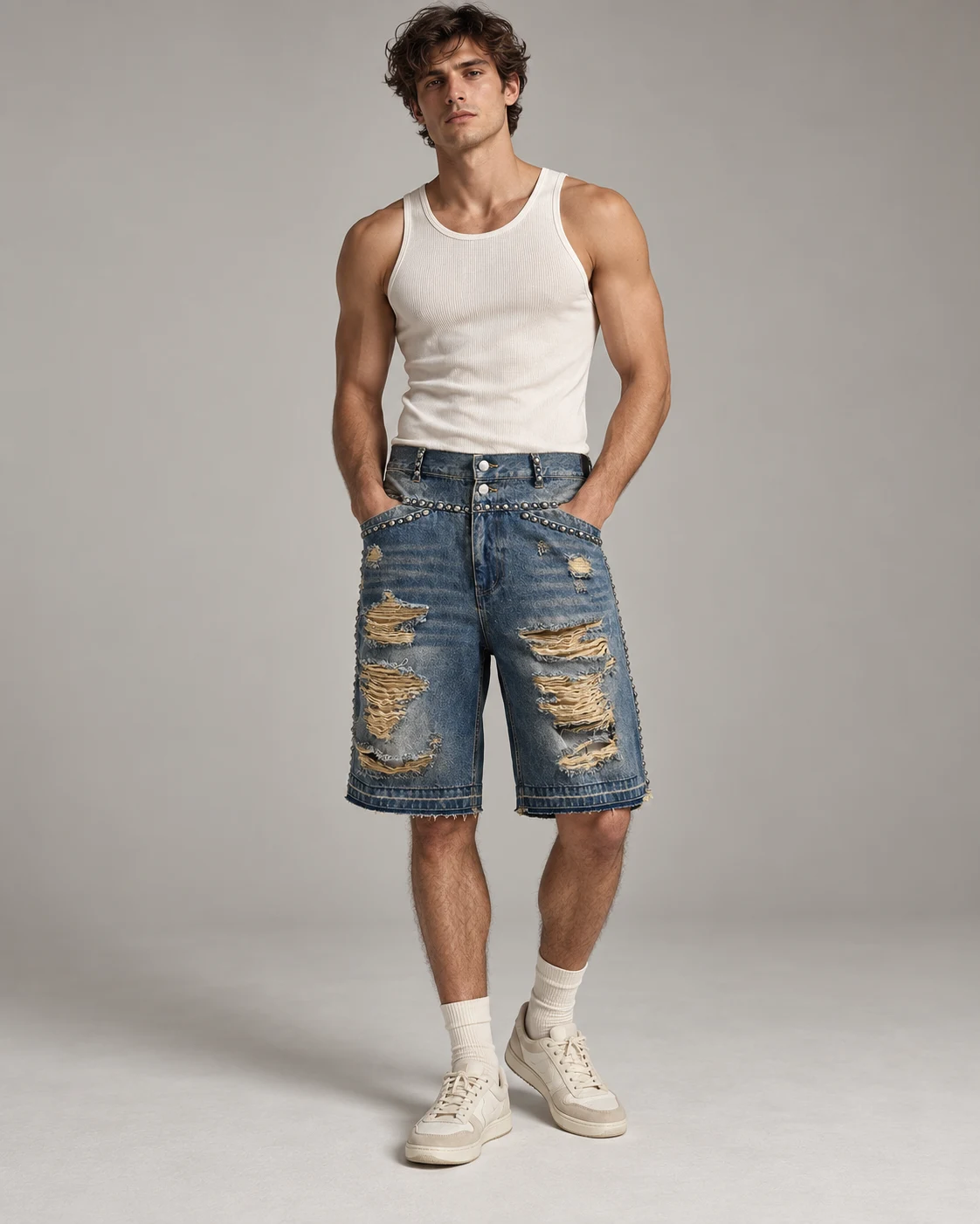 Vintage Blue Studded Ripped Shorts — AI design reference 4