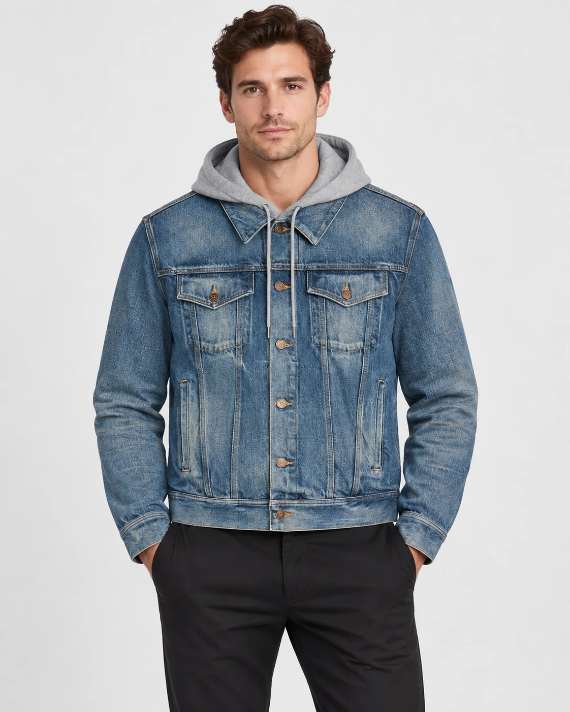 Denim Trucker Jacket with Grey Hood — AI design reference 2