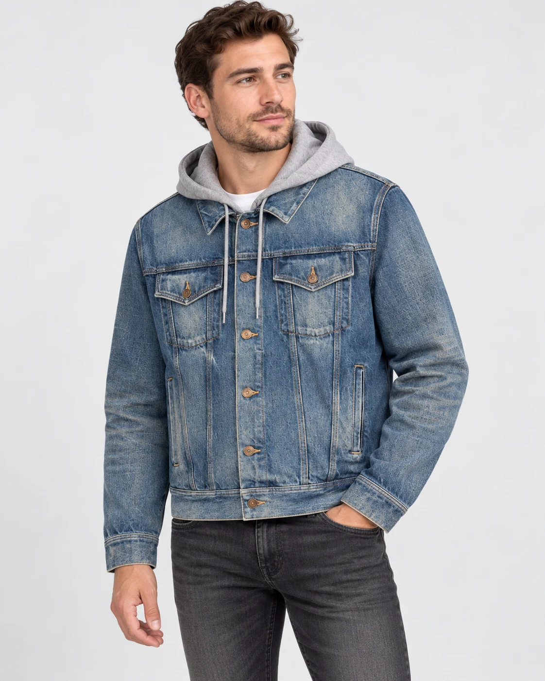 Denim Trucker Jacket with Grey Hood — AI design reference 3